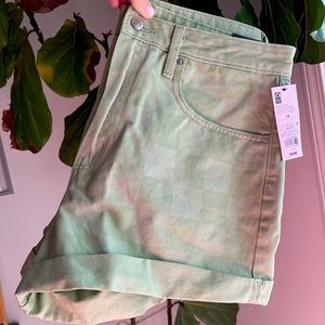 High Rise Mom Shorts - green plaid